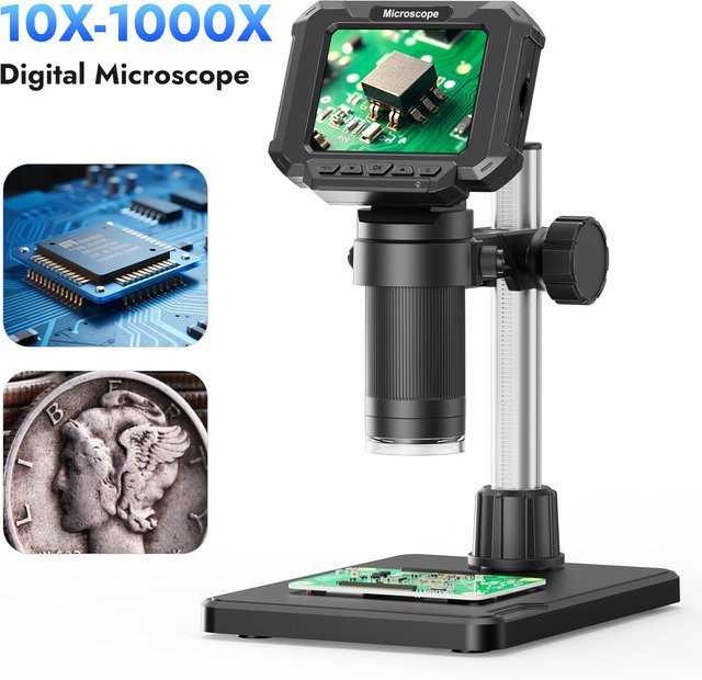 Aikokkl Digitales Mikroskop in Schwarz mit 2,8 Zoll Display, 1000-facher Vergrößerung und 1080P HD für Elektronikreparatur, Leiterplatten und Münzen - Bild 1