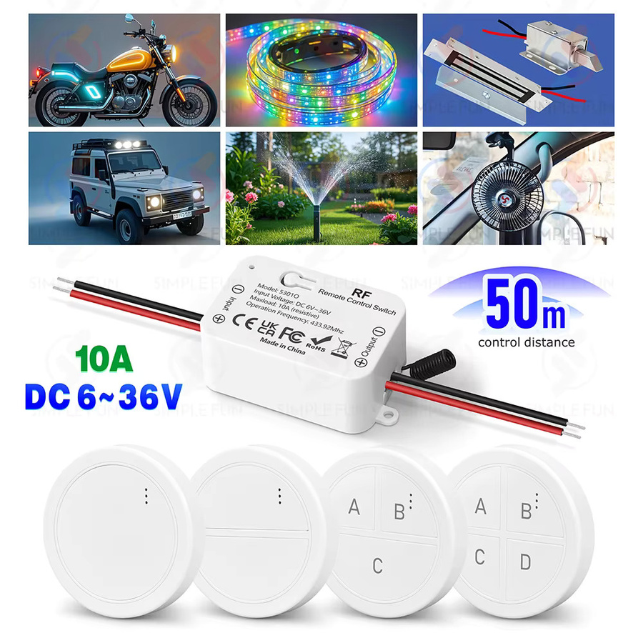 SLMPLEFUN Drahtloser RF 433 MHz Lichtschalter mit Mini Runde Fernbedienung, DC 6V 12V 24V 36V 10A Relais für LED, Pumpe, Lüfter und Magnetschloss, Farbe: Weiß - Bild 5