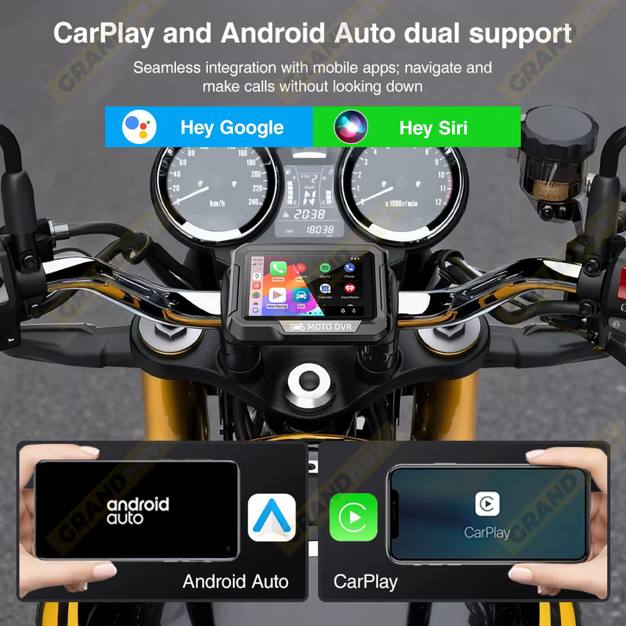 Grandnavi Tragbare 3,4 Zoll Motorrad GPS Navigation mit Wireless CarPlay und Android Auto, DVR Stick Recorder mit WIFI, IP67 Wasserdicht, Schwarz - Bild 3