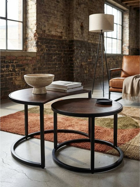 KADIMA DESIGN Couchtisch 2er Set aus Mango Massivholz und Metall in Industrial Style, Rund, Braun, B/T/H: 60 x 41 x 41 cm - Bild 1
