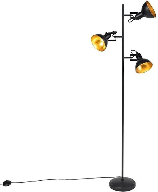 QAZQA Industrielle Stehlampe Tommy in Schwarz und Gold mit 3 Lichtern und Dimmer - Bild 1
