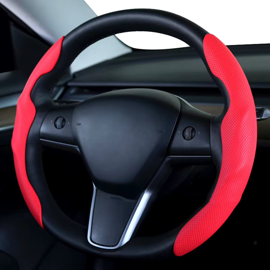 RAYFONE 2-teiliges Lenkradbezug-Set aus Nappa-Leder in Rot, rutschfest und universell passend für dein Auto - Bild 2