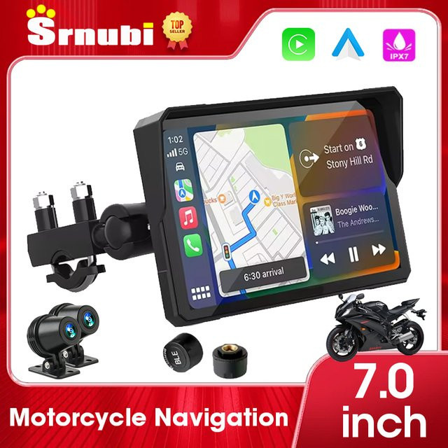 srnubi Drahtloses CarPlay und Android Auto Motorrad Display mit GPS Navigation und IPX7 Wasserdichtigkeit, Farbe: Schwarz, Displaygröße: 5,5 Zoll - Bild 1