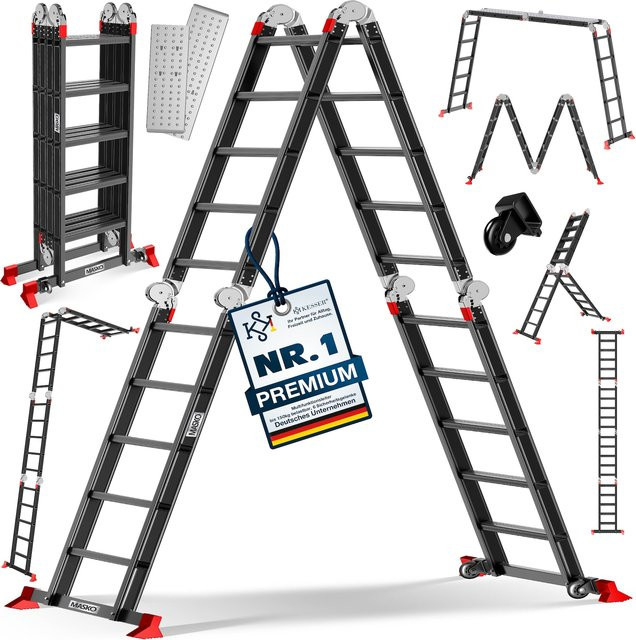 MASKO 6in1 Mehrzweckleiter aus Aluminium in Silber, multifunktionale Gelenkleiter mit 150 kg Belastbarkeit als Anlegeleiter, Stehleiter und Treppenleiter - Bild 1