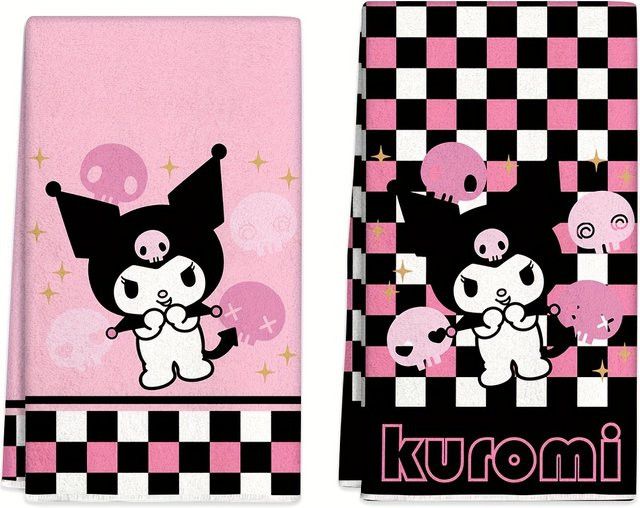 Sanrio Kuromi Skull Checker Handtuch in Pink mit Cartoon-Print für dein Badezimmer - Bild 1