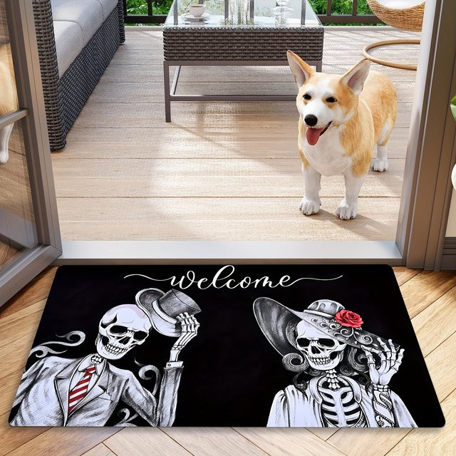 VIKAMA Halloween Teppich mit Schädel-Design, weiche Fußmatte für Wohnzimmer, Schlafzimmer oder Outdoor, Farbe: Schwarz, B/T: 60 x 40 cm - Bild 1