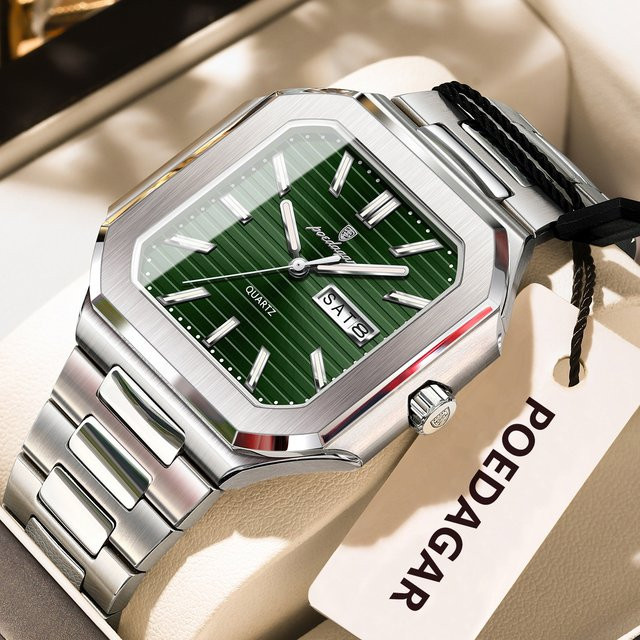 POEDAGAR Armbanduhr Quarz, Edelstahl, Silber, Grün, Herren - Bild 1
