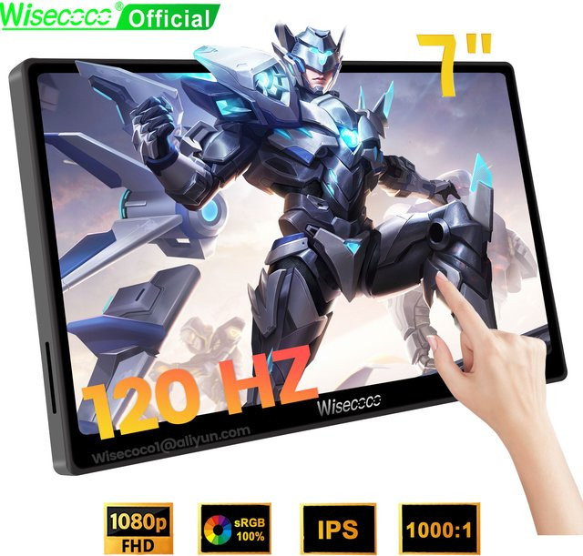 Wisecoco Tragbarer 7 Zoll Monitor mit 120 Hz Touchscreen, Full HD 1080P IPS LCD-Display, USB-C, Schwarz - Bild 1
