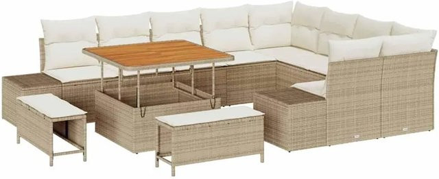 vidaXL 12-teiliges Garten-Sofa-Set in U-Form aus Poly Rattan mit Polsterung und Stauraum in Beige - Bild 1