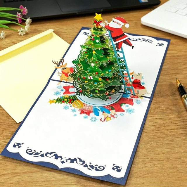 Handgefertigte 3D-Pop-Up-Weihnachtskarte mit Winterhaus und Weihnachtsstern in Mehrfarbig inklusive Umschlag - Bild 1