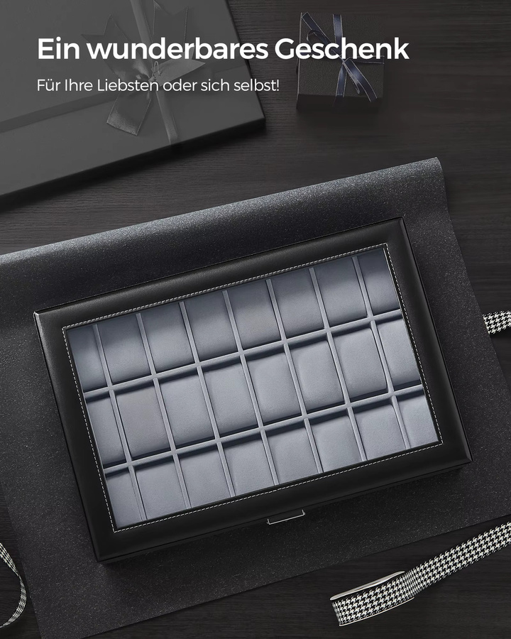 SONGMICS Uhrenbox, 24 Fächer, Glasdeckel, Schwarz, Unisex - Bild 5