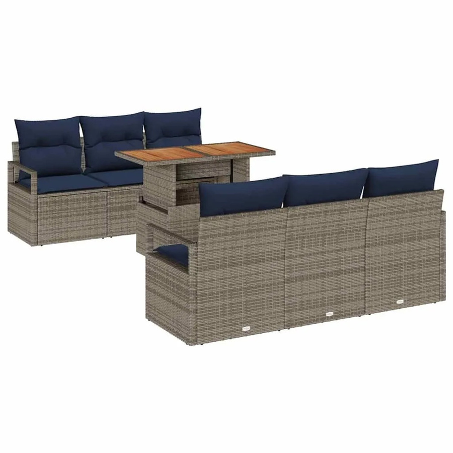 vidaXL Garten-Sofa-Set 7-teilig mit Kissen in Grau und Marineblau aus Poly-Rattan und pulverbeschichtetem Stahl mit Stauraumfunktion - Bild 2