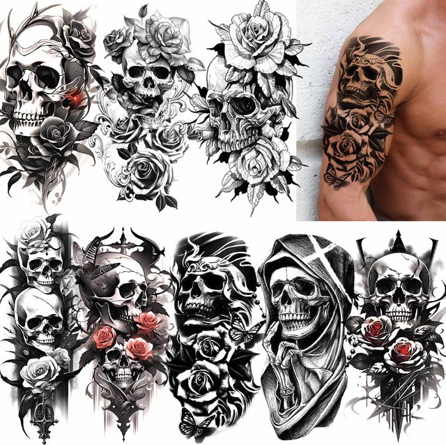 YURAN Temporäre Tattoos, Blatt, Schädel, Skelett, Rose, Unisex - Bild 1