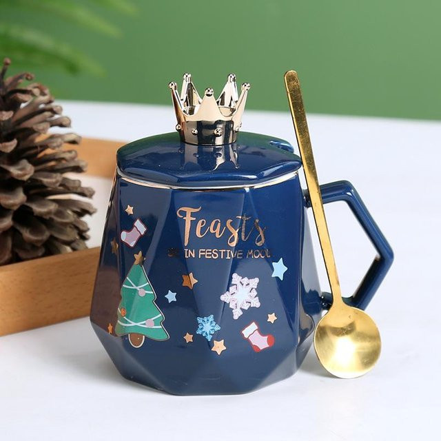 Kreative Weihnachtstasse aus Keramik mit Deckel und Löffel von Yiran Furniture, Weiß und Blau, 350,5 ml - Bild 1