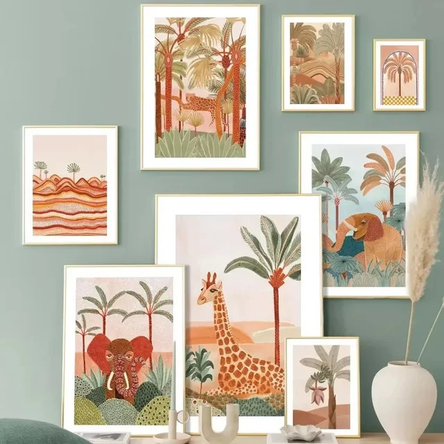 Potdemiel Boho Wandkunst mit tropischen Tieren in Terrakotta und Multicolour als Leinwandgemälde oder Poster - Bild 1