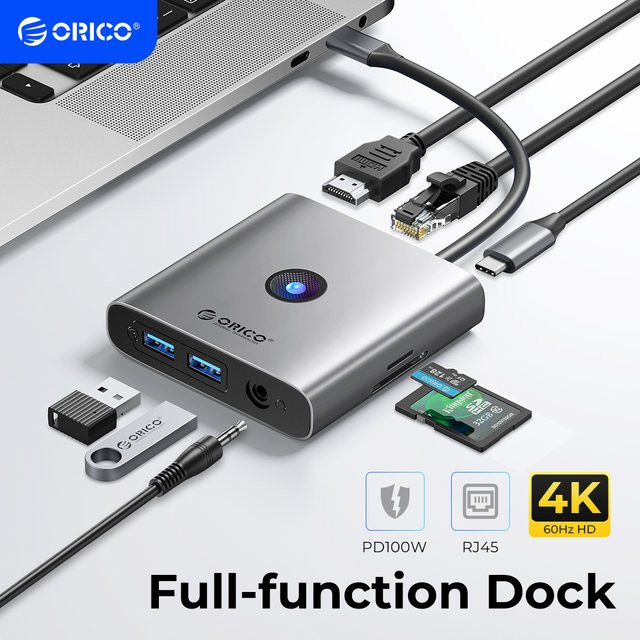 Orico USB-C Docking Station mit HDMI 4K 60Hz, RJ45 Ethernet und PD Splitter in Grau - Bild 1
