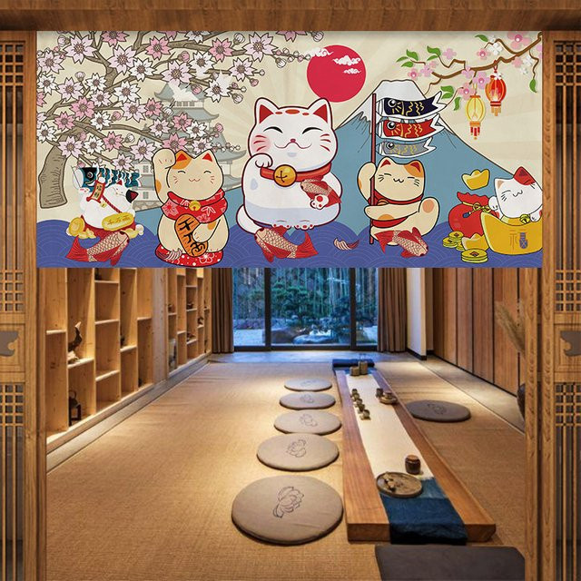 VIKAMA Japanischer Fuji-Kirschblüten und Glückskatzen Raumteiler-Vorhang mit Klettverschluss, mehrfarbig - Bild 1