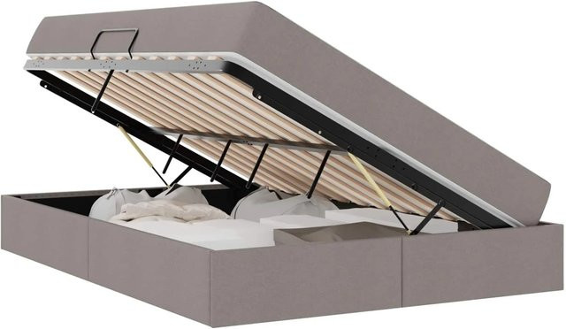 vidaXL Stauraumbett mit Matratze in Taupe, modernes Polsterbett mit Lift-up-Funktion, B/T/H: 140 x 200 x 103,5 cm - Bild 1