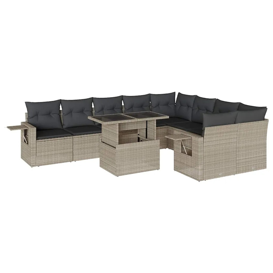 vidaXL 10-tlg. Garten-Sofagarnitur in L-Form aus Polyrattan mit Kissen, Hellgrau - Bild 2