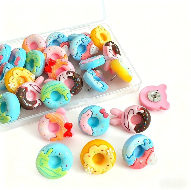 20 Stück Donut-Reißzwecken aus Kunstharz in Multicolor für deine Korktafel und Pinnwand - Bild 1