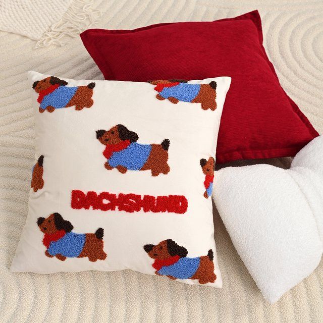 BUYNOW Kissenbezug mit Hund-Stickerei aus Cord in Dunkelrot für Sofa und Bett - Bild 1