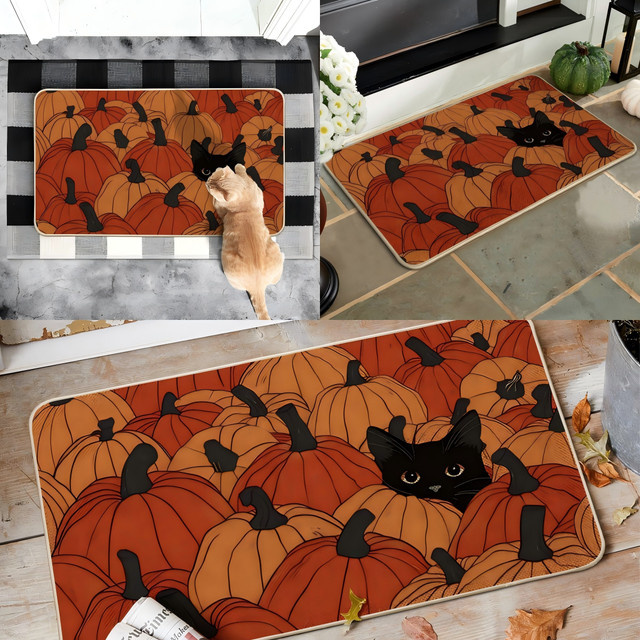 VIKAMA Fußmatte Black Cat Pumpkin Herbst Dekoration, Rechteckig, Schwarz und Orange, B/T: 60 x 40 cm - Bild 1