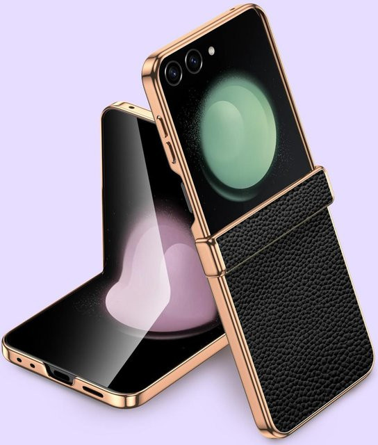 Rindsleder Handyhülle für Samsung Galaxy Z Flip 7 FE 5G, Galaxy Z Flip 7, Flip 6 und Flip 5 mit Scharnier-Schutz und gehärtetem Glas in Schwarz - Bild 1