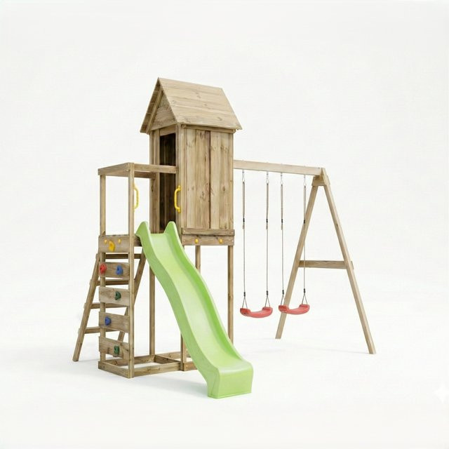 MaxPlay Holzklettergerüst mit Spielhaus, Doppelschaukel und Rutsche in Rot und Gelb - Bild 1