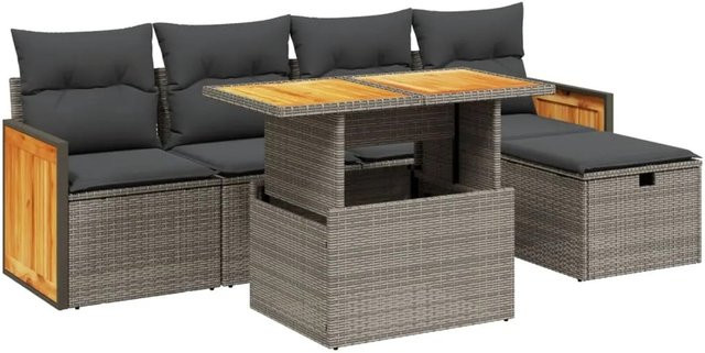 vidaXL 6-teilige Garten-Sofagarnitur in L-Form mit Kissen und Couchtisch, Grau, Poly Rattan und Akazienholz - Bild 1