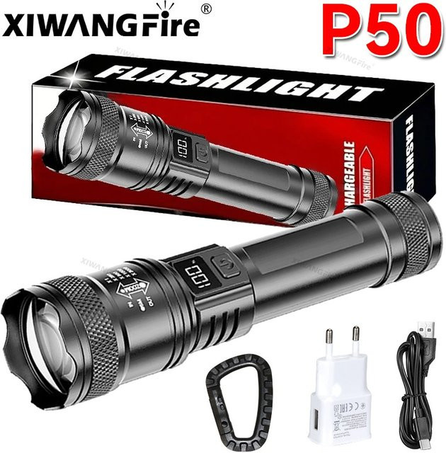XIWANGFIRE P50 LED Taschenlampe in Schwarz mit 2000 lm, ultrahelles taktisches Licht mit Teleskop-Zoom und eingebautem 18650 Akku - Bild 1