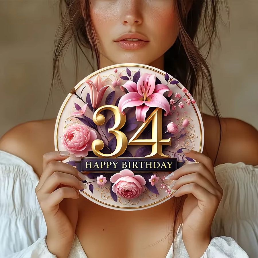 Potdemiel Vintage Metall-Wandblechschild Happy 34th Birthday mit Blumenmuster in Gold und Schwarz, Durchmesser: 20,32 cm - Bild 3