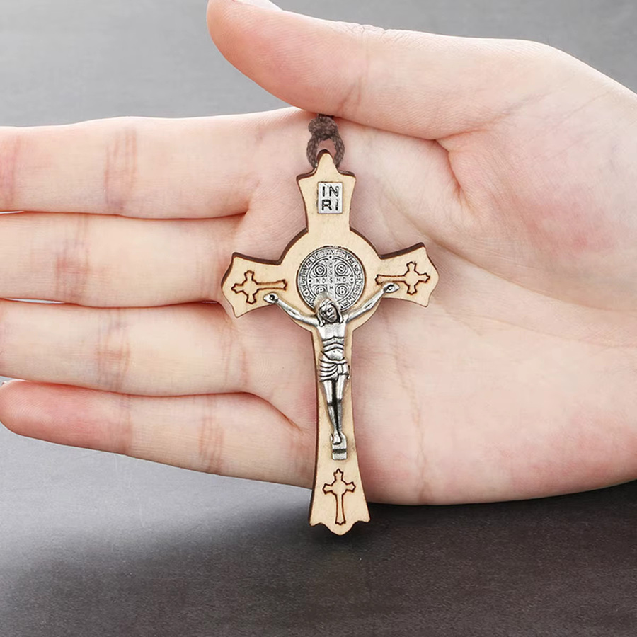 diyalo Anhänger Halskette, Saint Benedict Kruzifix, Holz, Silber, Unisex - Bild 4