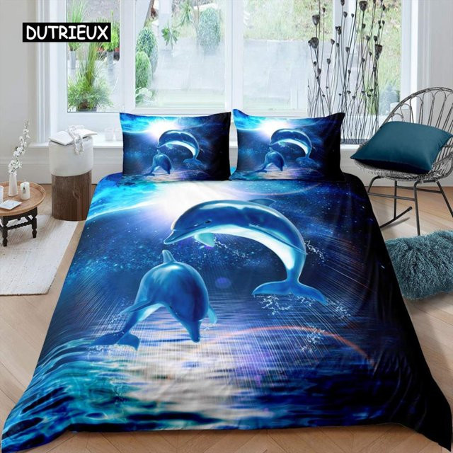 Binchi Outdoor Product Bettwäsche-Set mit 3D-Delfin-Motiv in Blau, Material Mikrofaser-Polyester, B/H: 135 x 200 cm - Bild 1