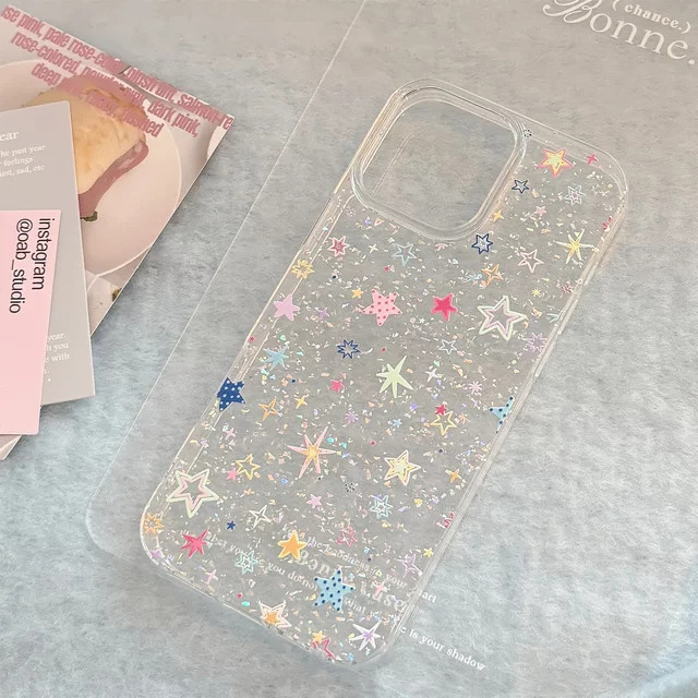 Potdemiel Glitzer-Handyhülle mit bunten Sternen für iPhone 17 16 15 14 13 12 11 Pro Max XS XR X, transparent, stoßfeste Schutzhülle - Bild 1