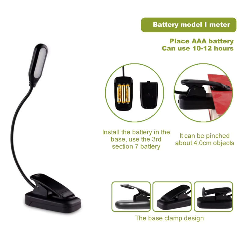MeeToo Verstellbare LED-Schreibtischlampe mit Clip, Batteriebetrieben, Schwarz, Warmweißes Licht - Bild 4