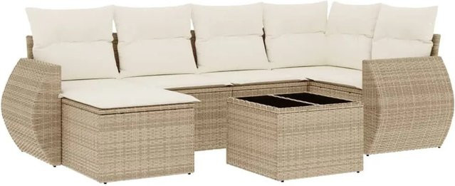 vidaXL 7-teilige Garten-Sofagarnitur aus Polyrattan in Beige mit Kissen und Glastisch - Bild 1
