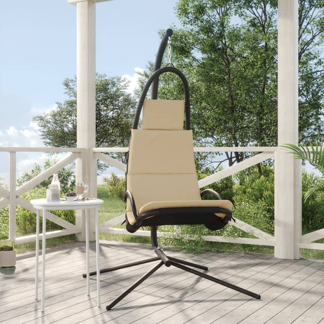 vidaXL Garten-Hängesessel mit Kissen in Creme und Schwarz, moderner Egg-Hängestuhl aus UV-beständigem Polyester und pulverbeschichtetem Stahl, H x B x T: 195 x 93 x 62 cm - Bild 2