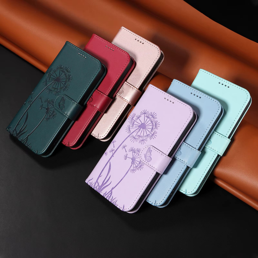 Premium Lederhülle mit Löwenzahn-Prägung für Xiaomi Redmi Note 15 14 13 12 11 10 Pro Plus 4G 5G magnetische Klapphülle in Rot - Bild 3