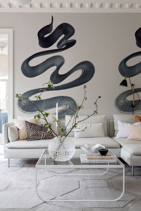 Rebel Walls Mural Stroke - Ink abstrakte Wandgestaltung in Weiß, Blau und Beige auf Papier - Bild 1