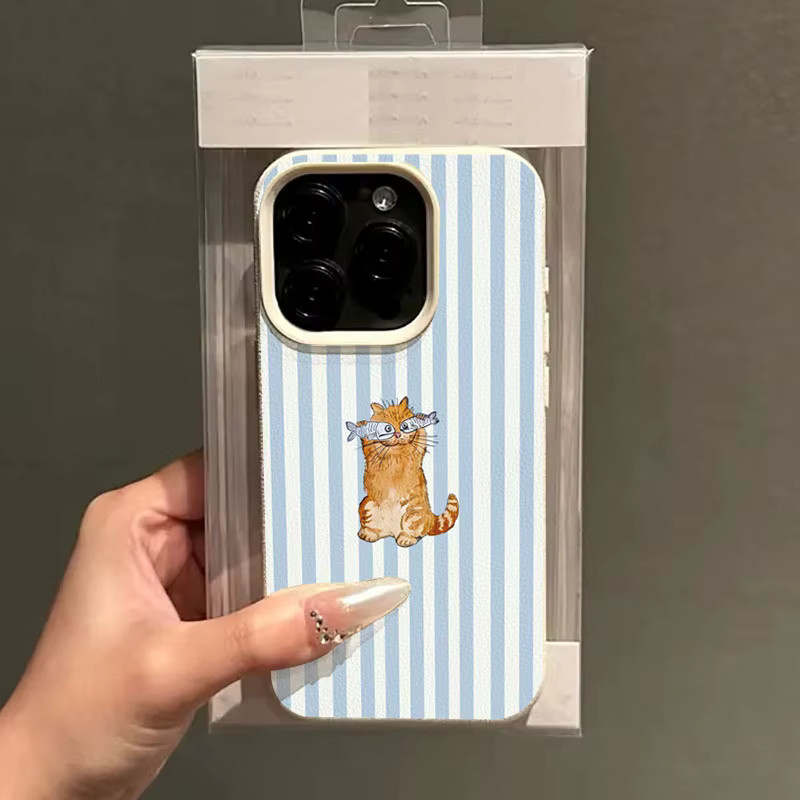 Handyhülle mit Kätzchen-Fisch-Design und Streifen für iPhone 11 bis iPhone 17 Pro Max, weiche TPU-Abdeckung, Farben: Grau und Blau - Bild 4
