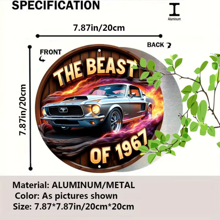 CIFBUY Metall-Wandkunst-Schild Retro 1967 Beast Muscle Car in Blau und Multicolour, Durchmesser: 20 cm - Bild 2