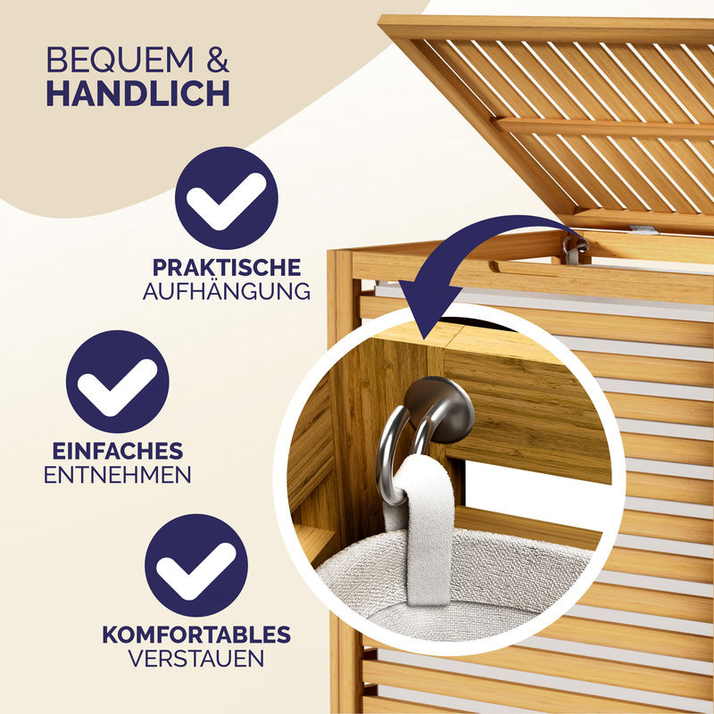 Casaria Wäschekorb aus Bambus mit herausnehmbarem Wäschesack und Deckel, Braun, Volumen: 62 l, B/T/H: 36,0 x 61,0 x 36,0 cm - Bild 3