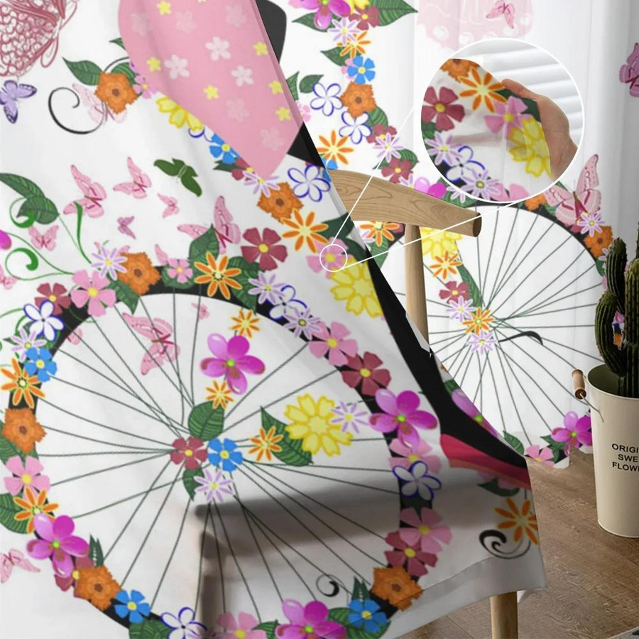 Yiran Furniture Zartes Tüll-Fensterdekoration mit Schmetterling, Mädchen und Blumen in Rosa und Weiß, Breite: 135 cm, Höhe: 115 cm - Bild 2