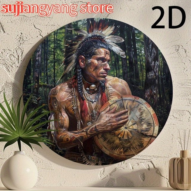 Potdemiel Vintage Native American War Chief Rundes Aluminium-Wanddekorschild aus Metall, Mehrfarbig, Durchmesser: 20,32 cm - Bild 1