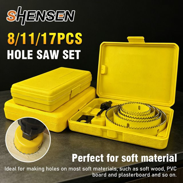 SHENSEN Lochsägen-Set für Holz, Gipskarton, Kunststoff, PVC und Metall, 11-teilig, Gelb, Durchmesser: 19-127 mm - Bild 1
