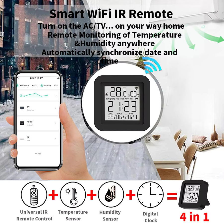 MinisterWorks S09 Smart WiFi IR-Fernbedienung mit integriertem Temperatur- und Feuchtigkeitssensor in Schwarz, kompatibel mit Google Home, Alexa, Yandex und Tuya SmartLife - Bild 2
