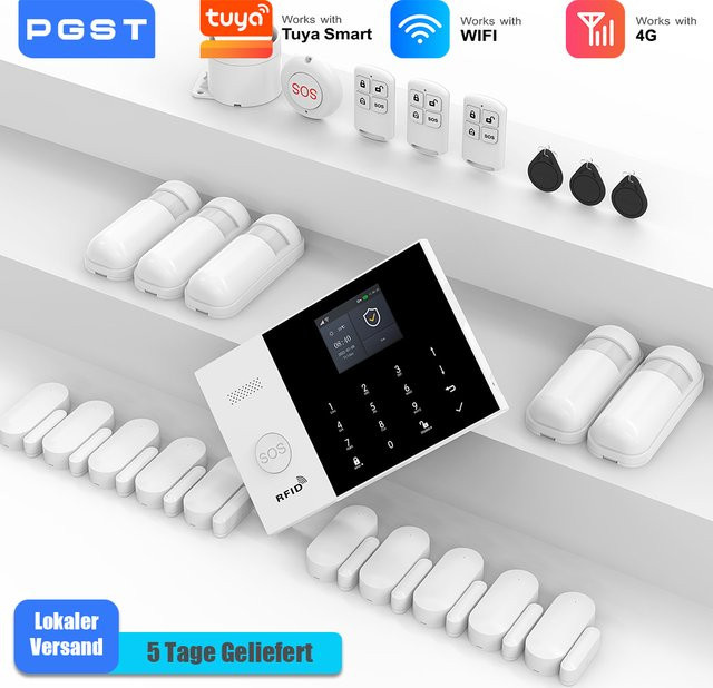 PGST Intelligentes Einbruchmelder Komplettset WiFi und 4G zur Fernsteuerung per App mit Tuya Smart Life und Öffnungssensoren in Weiß - Bild 1