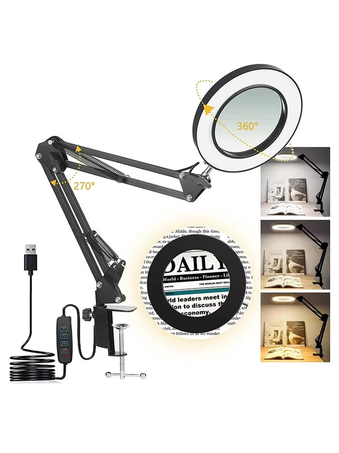 DBF 8-fache Lupe mit Licht und Ständer, dimmbare 2-in-1 Schreibtischlampe mit verstellbarem Schwenkarm und Klemme für Bastelarbeiten, Lesen und Reparaturen - Bild 6