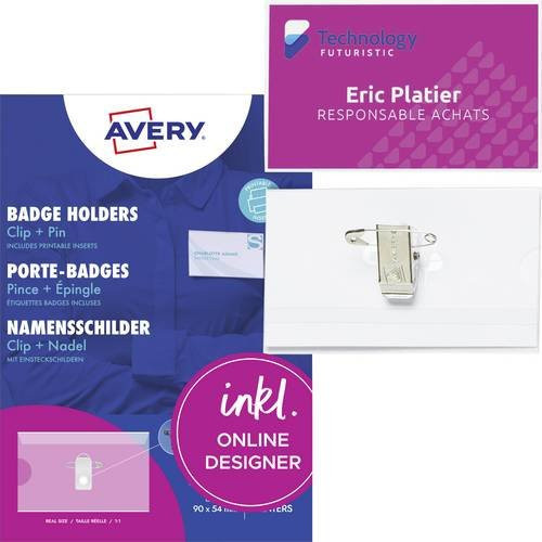 Avery Zweckform Namensschilder transparent mit Clip und Pin, B: 90 mm, H: 54 mm, 50 Stück - Bild 1