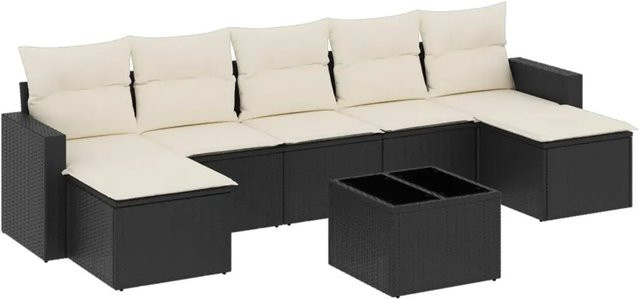 vidaXL 8-tlg Garten-Sofagarnitur L-Form aus Poly-Rattan in Schwarz mit cremeweißen Kissen und pulverbeschichtetem Stahlgestell - Bild 1